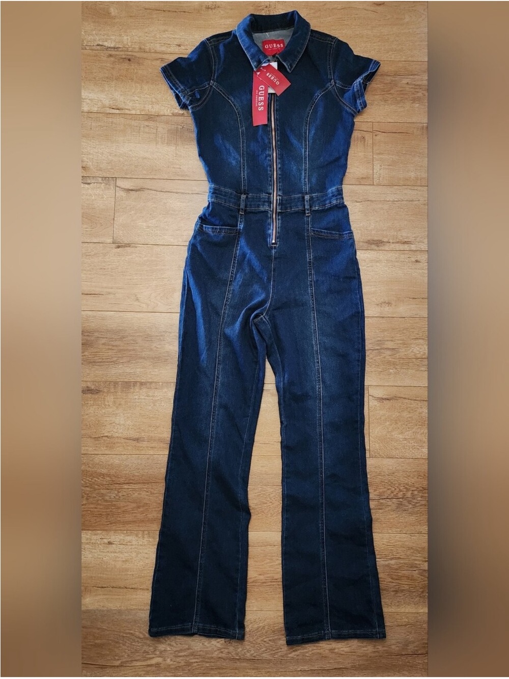 $178 NWT Guess Jumpsuit Denim One Piece Stretchy Slim Fit Straight Leg M Navy